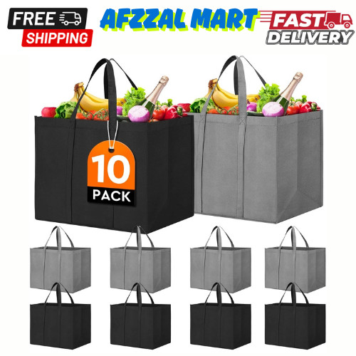WISELIFE Reusable Grocery Shopping Bags 10 Pack Large Foldable Tote Bags Bulk, E