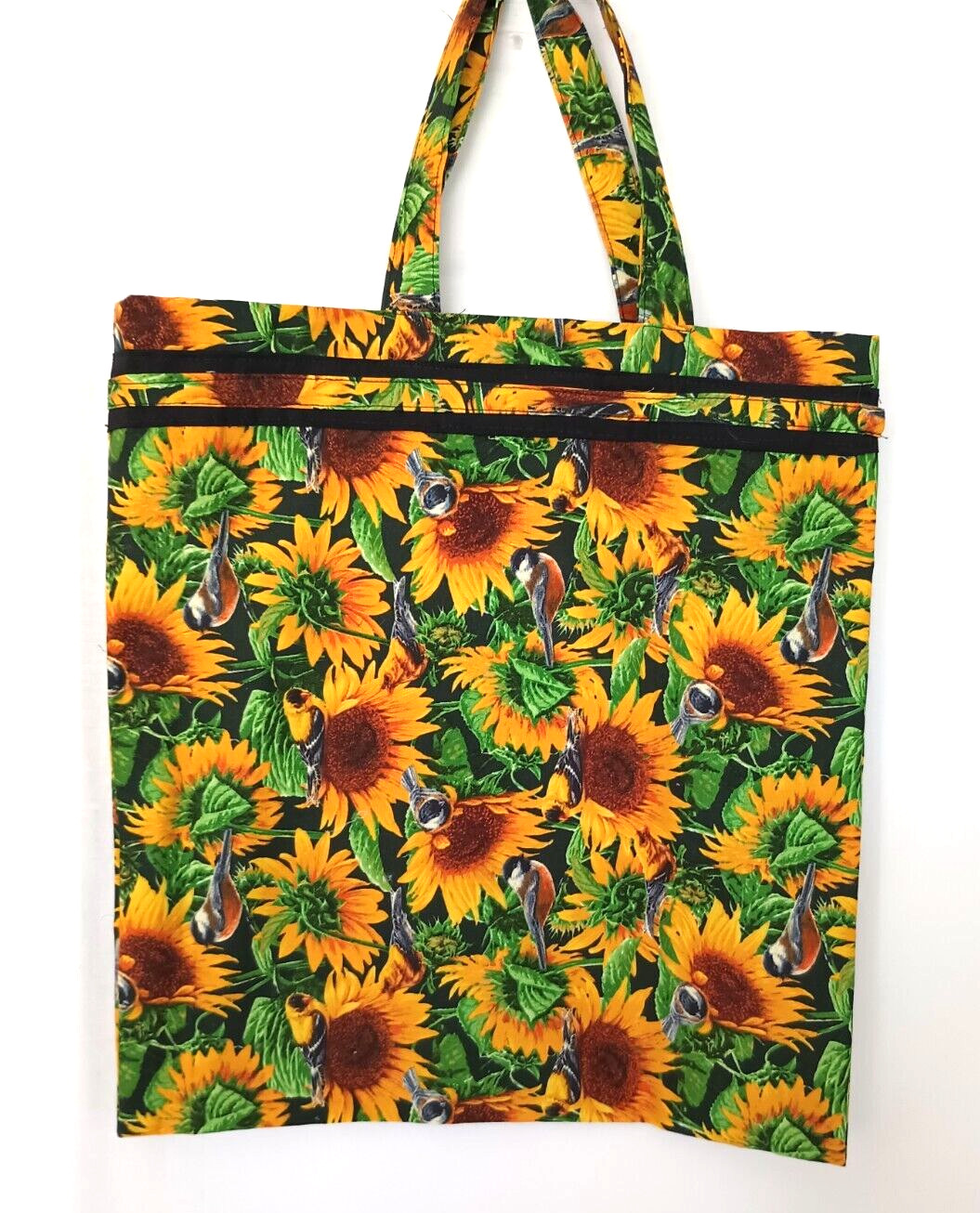 Reusable Shopping Tote Bag Sunflowers Birds Foldable Multicolor Cotton Handmade