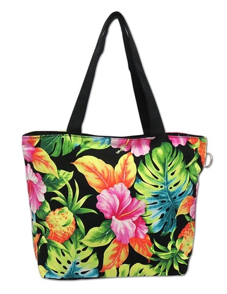 Hawaiian Canvas Black Tote Bag Handbag Hawaii Shop Travel Pink Hibiscus Floral S