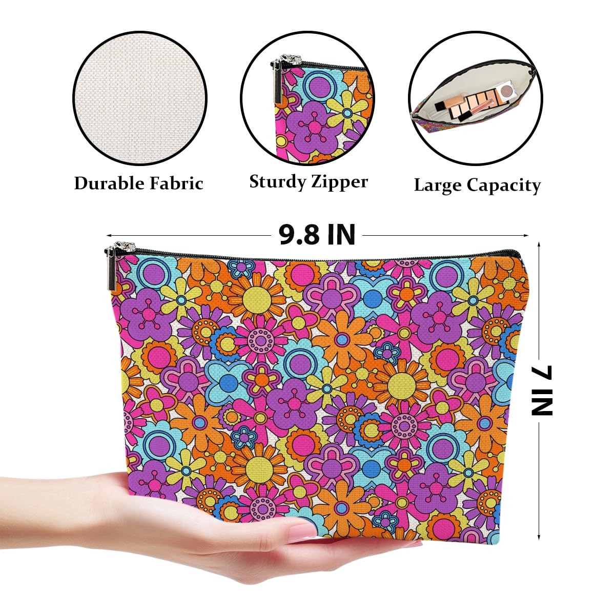 4 Pcs Retro Flowers Makeup Bag, Hippie Stuff Boho Cosmetic Multicolor 987