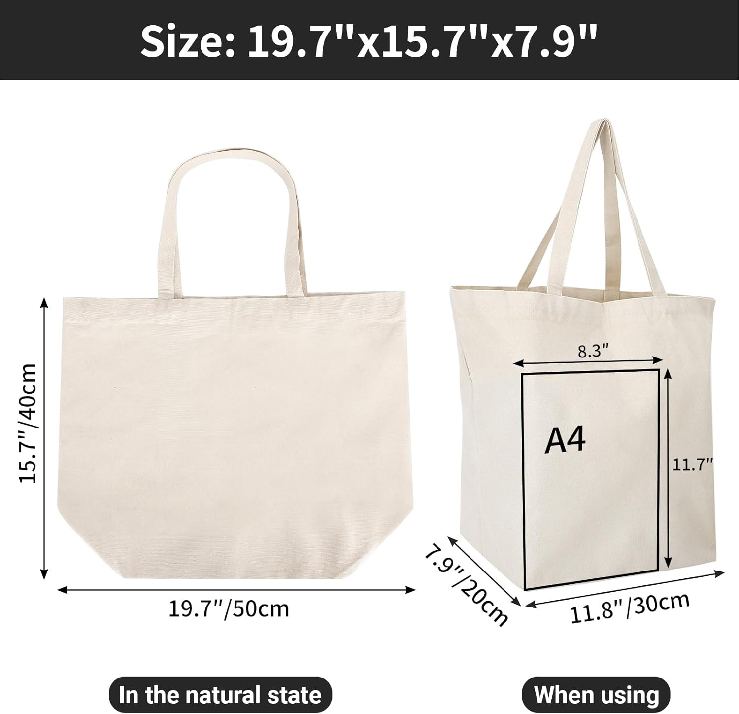 Segarty Blank Tote Canvas Bag with Zipper, 3Pcs 19.7X15.7 Inch Bags with Handles