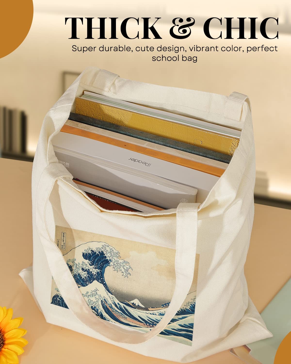 Canvas Tote Bag Aesthetic for Women, Cute Trendy Wave Reusable Cloth Cotton B…