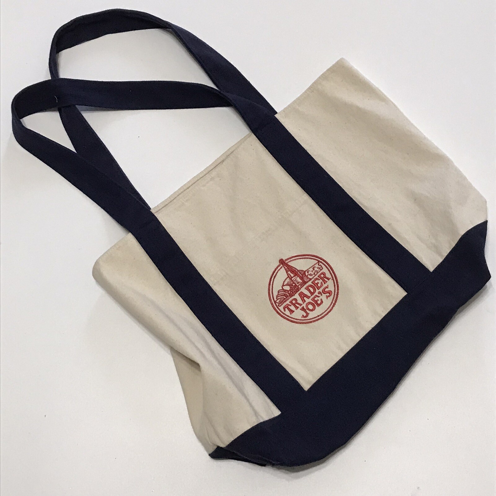 Trader Joes Cloth Tote Grocery Bag Natural w Navy Trim Embroidered Logo 21x16x6