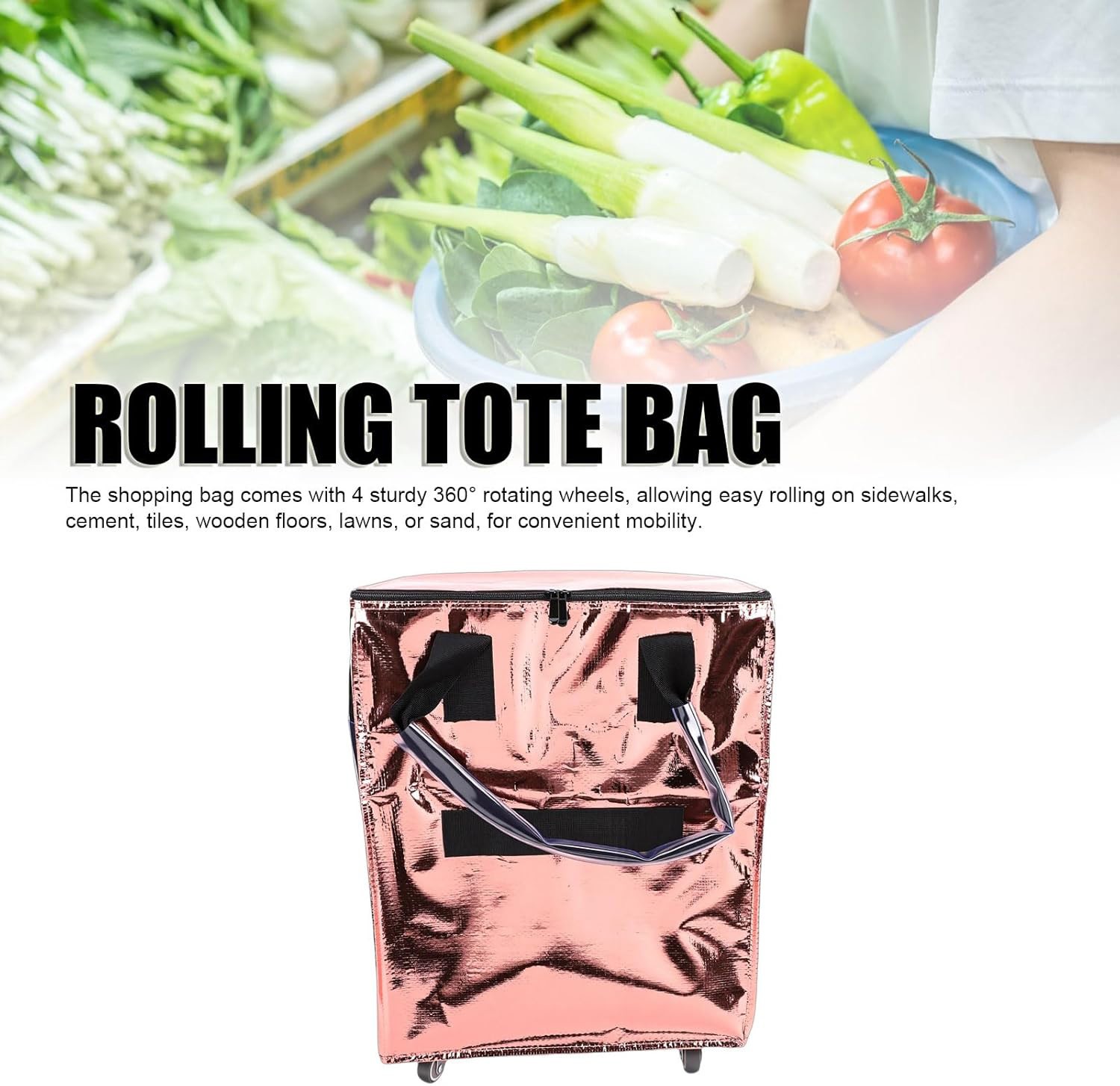 Medium Reusable Grocery Bag on Wheels Heavy Duty Rolling Shopping Tote w/ Handle