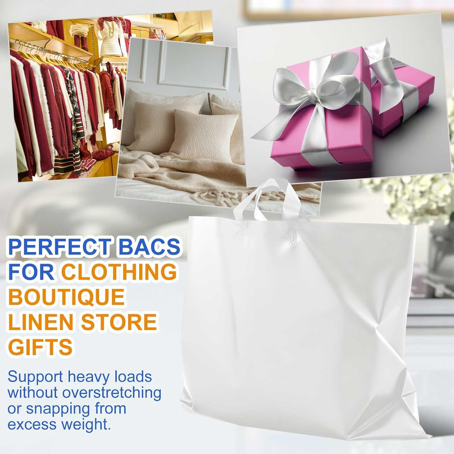 50 Pack 24″ X 24″ Large White Plastic Shopping Bags with Handles Reusable Mercha