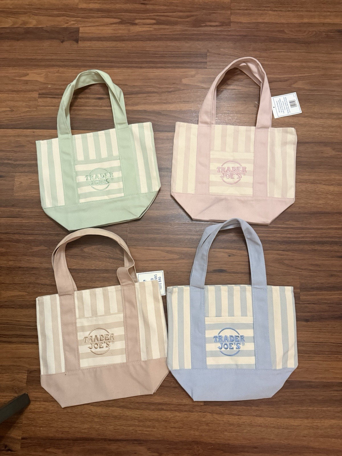 TRADER JOE’S MINI PASTEL STRIPE CANVAS TOTE BAGS SET Of 4 PINK BLUE GREEN BEIGE