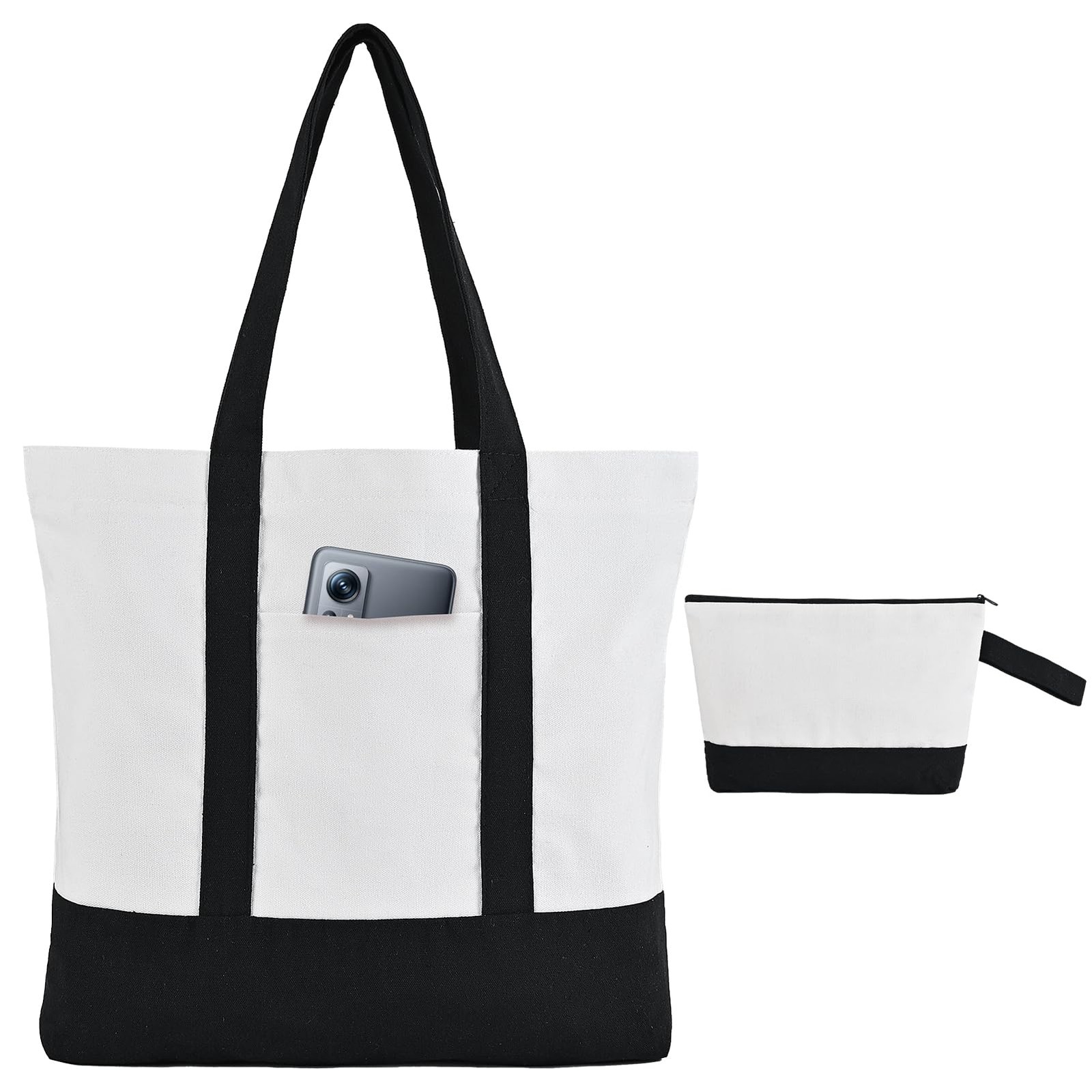 2 Pcs Canvas Tote Bags Bulk and Makeup Pouches Set, 12oz Cotton Reusable Zipp…