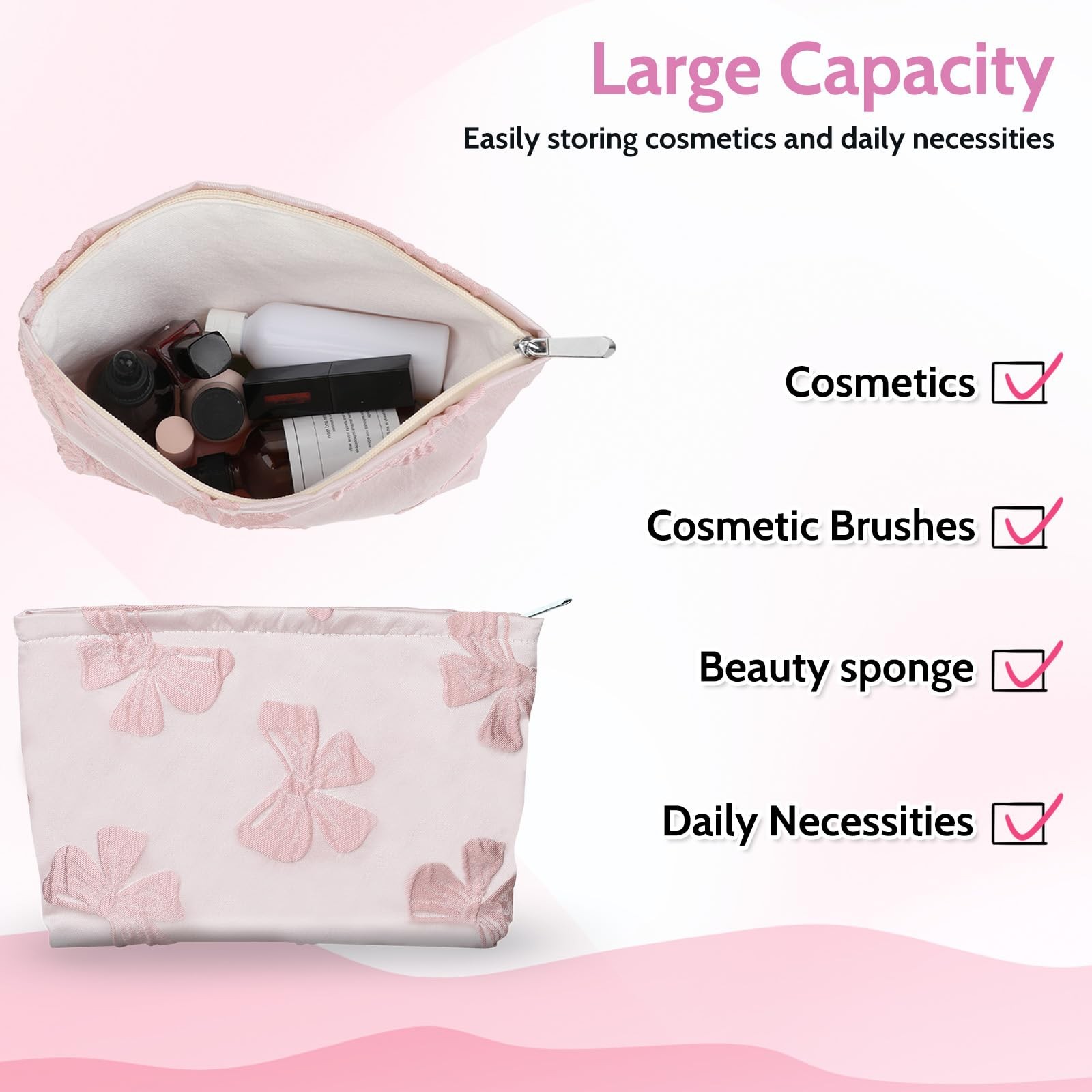 Makeup Bag Large Capacity Elegant Bow Preppy Cosmetic Aesthetic Pink