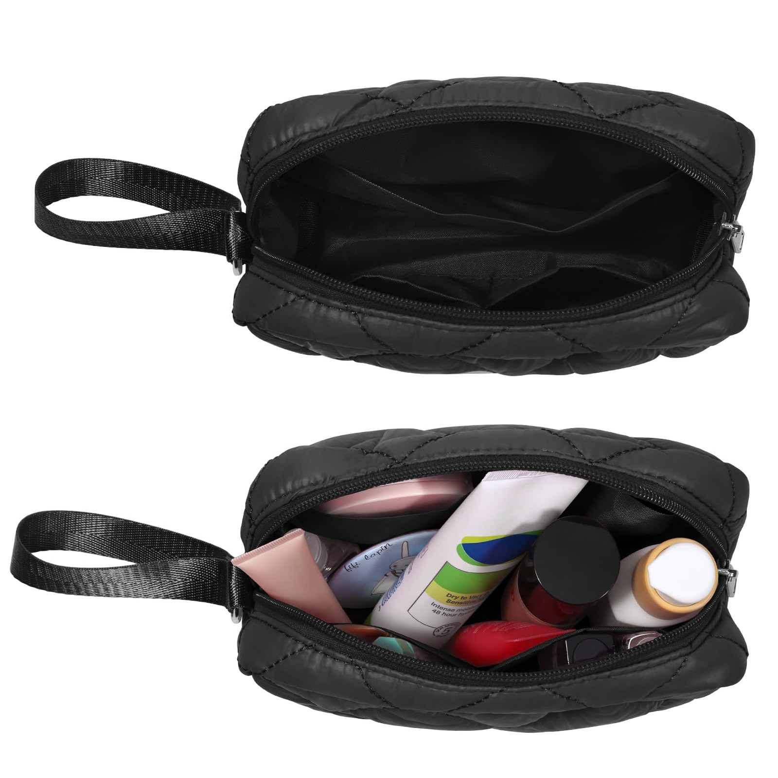 DOB SECHS Quilted Makeup Bag, Zipper Cosmetic Travel Toiletry Black