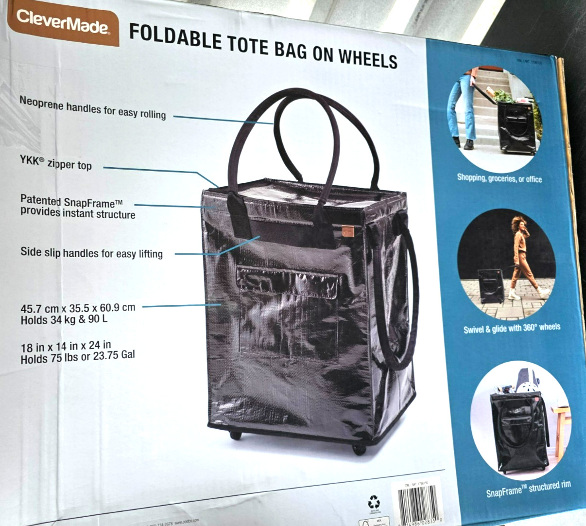 CleverMade Foldable Tote Bag on Wheels Rolling Tote Bag (24”) – Black – 1796150