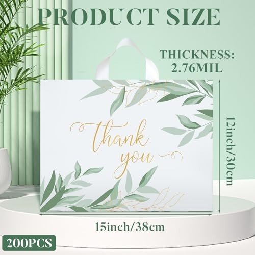 200 Pack Large Thank You Shopping Bags – 15″x12″ Heavy Duty Reusable Plastic Gif