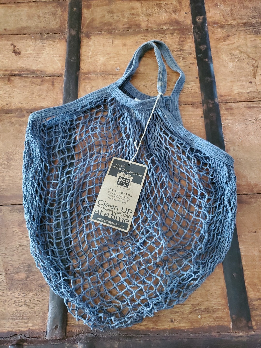 ECOBAGS Blue Organic Cotton Short Handle Classic String Shopping Bag New *Flaw