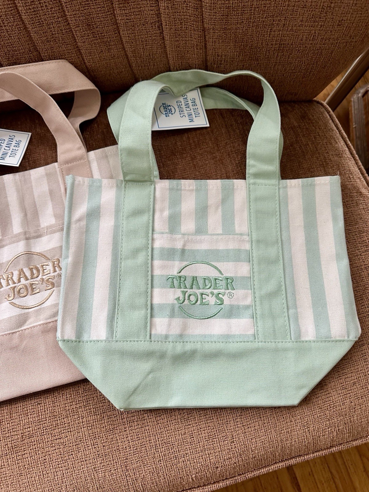 TRADER JOE’S MINI PASTEL STRIPE CANVAS TOTE BAGS SET Of 4 PINK BLUE GREEN BEIGE