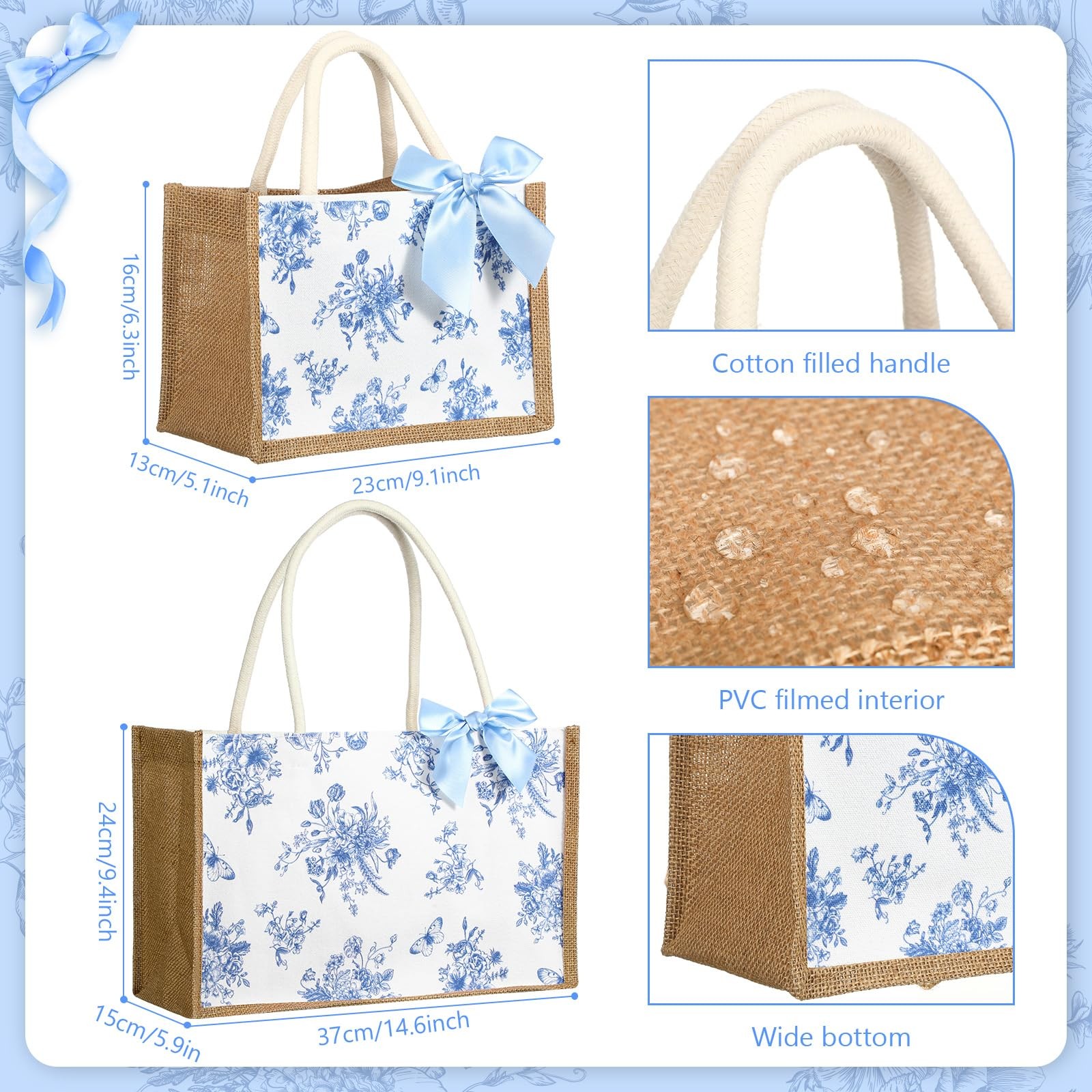 12 Pcs Floral Burlap Tote Bags with Handles Blue White Chinoiserie Jute Gift