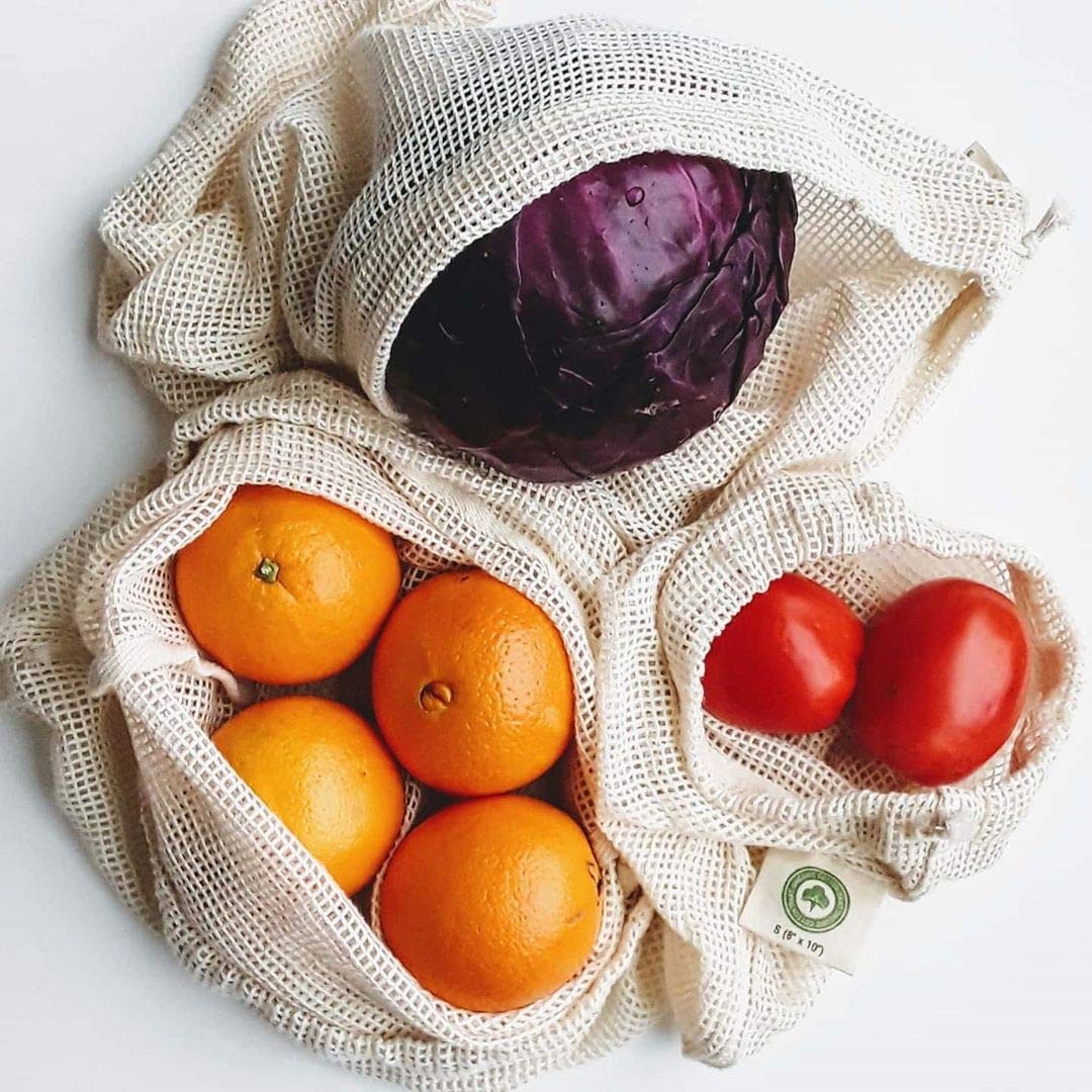 Reusable Cotton Mesh Produce Bags – 100% 2 Large, 2 Medium, 2 Small, White