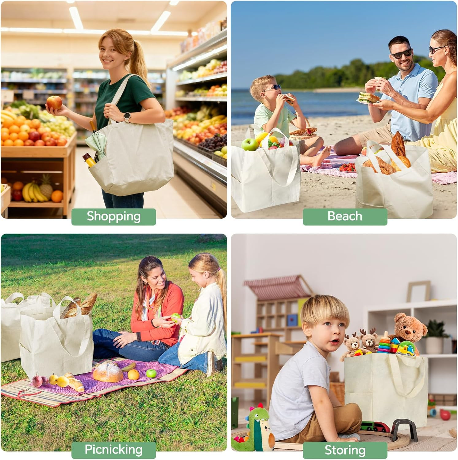 Canvas Tote Bag, Heavy Duty Reusable Grocery Bags with Pockets, Large Shopping B