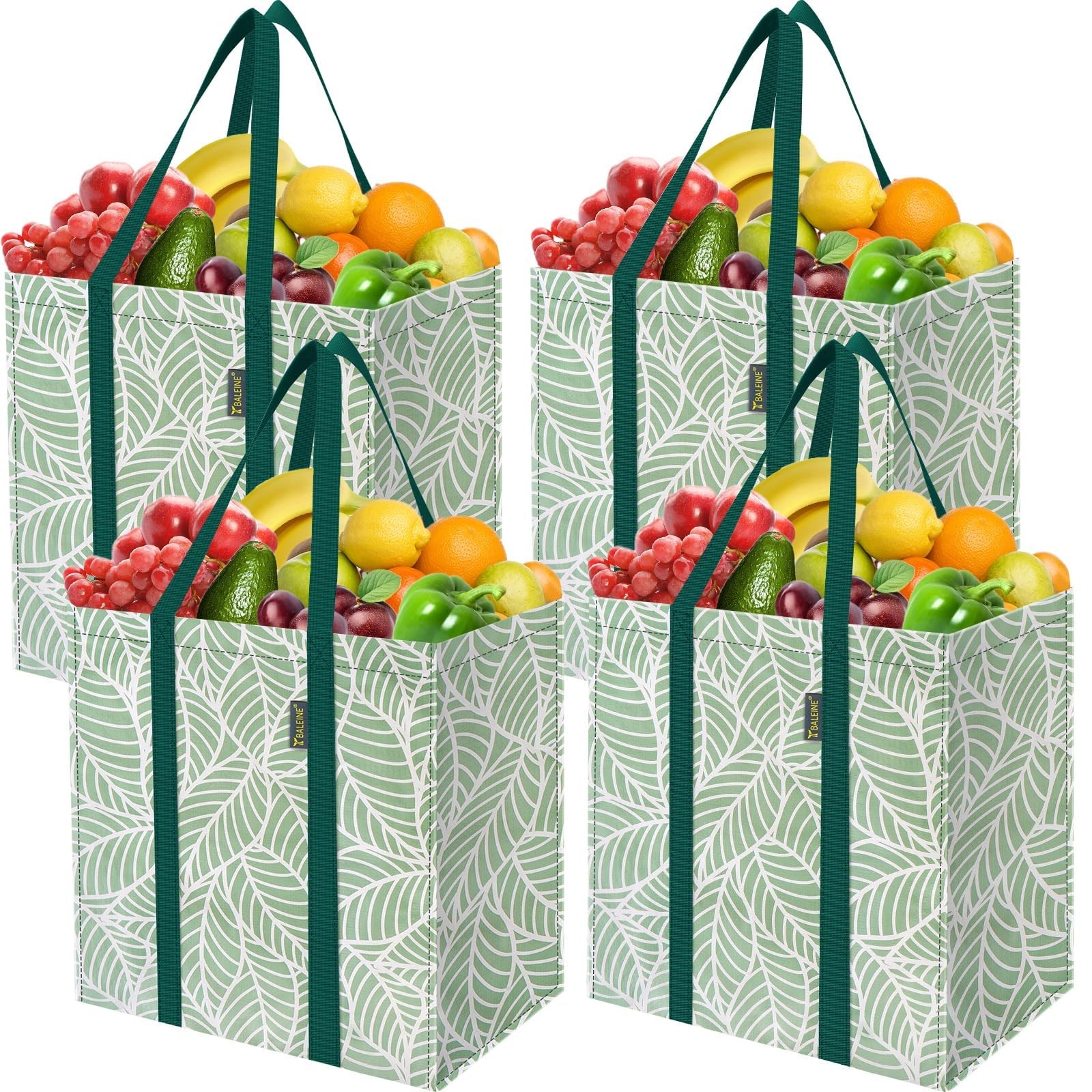 BALEINE 4 PK Grocery Bags Reusable Shopping Bags with Reinforced Bottom, Heav…