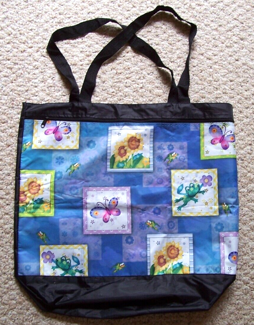 Reusable Shopping Bag with Butterflies Sunflowers Frogs Zippered Front Pocket