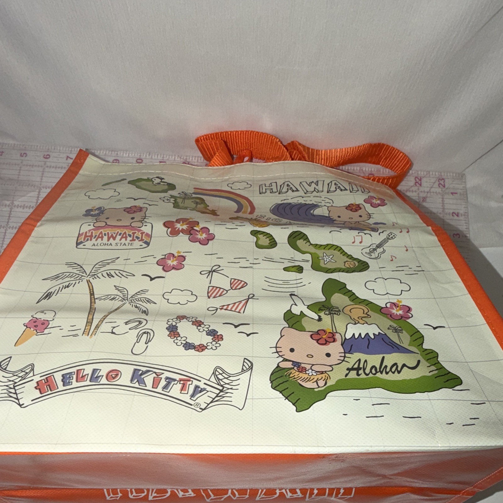 Hello Kitty Hawaii HK Map Reusable Shopping Bag, Orange Handles, Medium