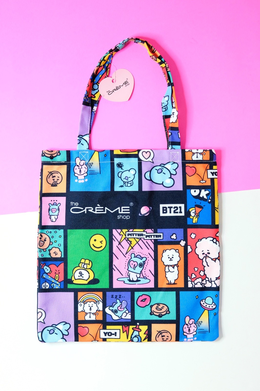 BT21 Graphic Tote Bag The Creme Shop Black Reusable Shopping Bag BTS