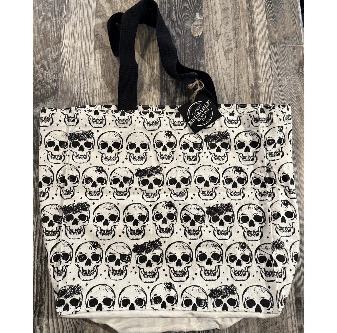 Beige & Black Skulls Halloween 100% Cotton Canvas XL Reusable Shopping Tote Bag