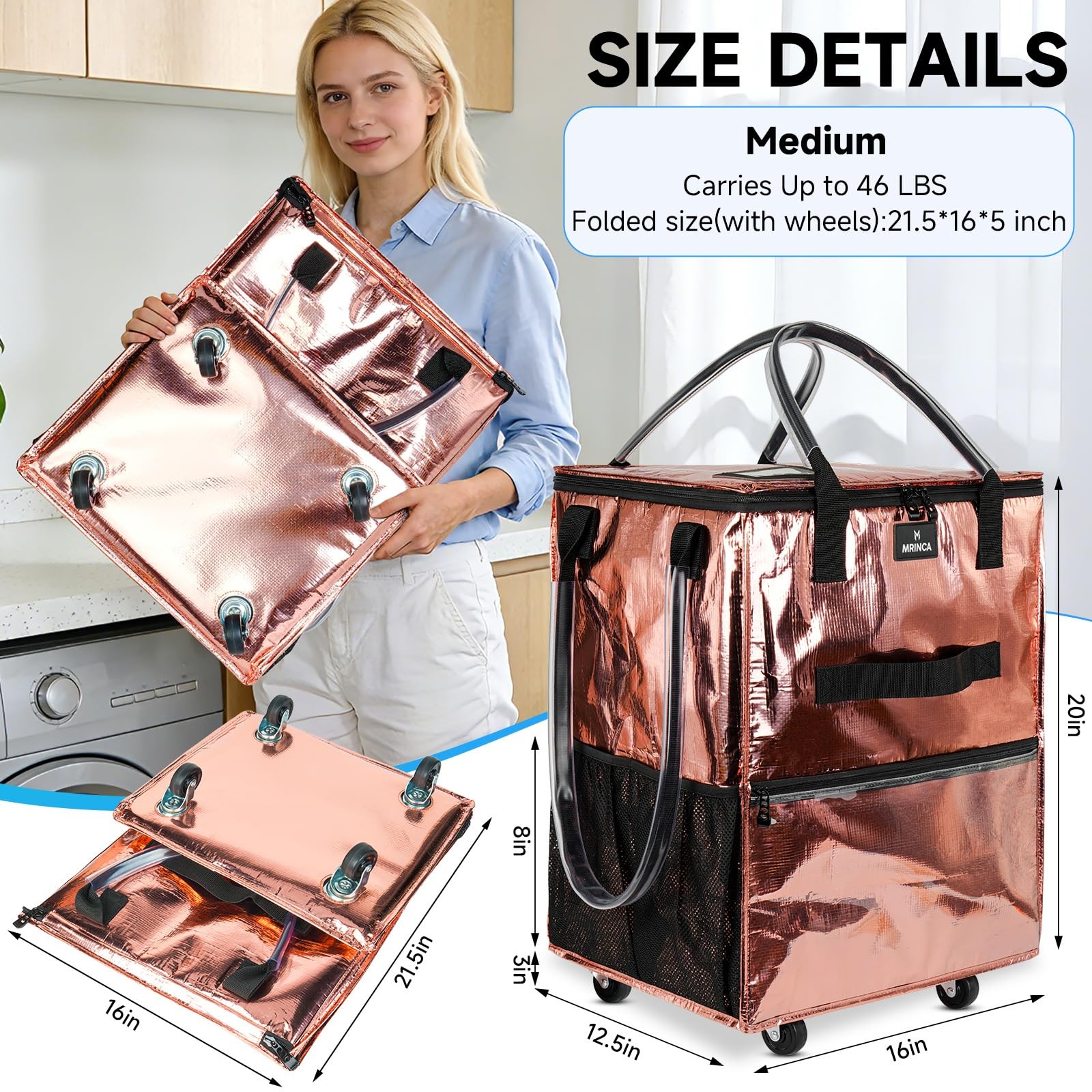 Reusable Grocery Bag On Wheels, 70L Foldable Shopping Cart with 6 Pockets & 3…