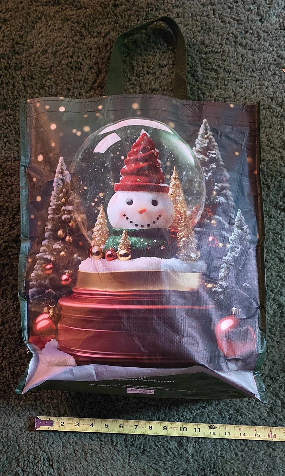Snowman Snow Globe ShopRite Reusable Shopping Bag Pine Green Limitd Edition Xmas
