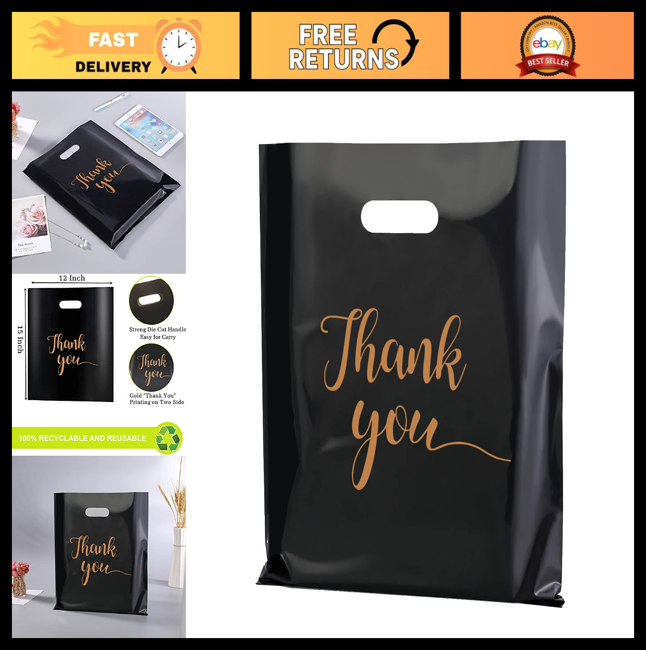 Thank You Bags with Handles – 100 Pack, 12×15 Inch, Extra Thick Plastic Shopping