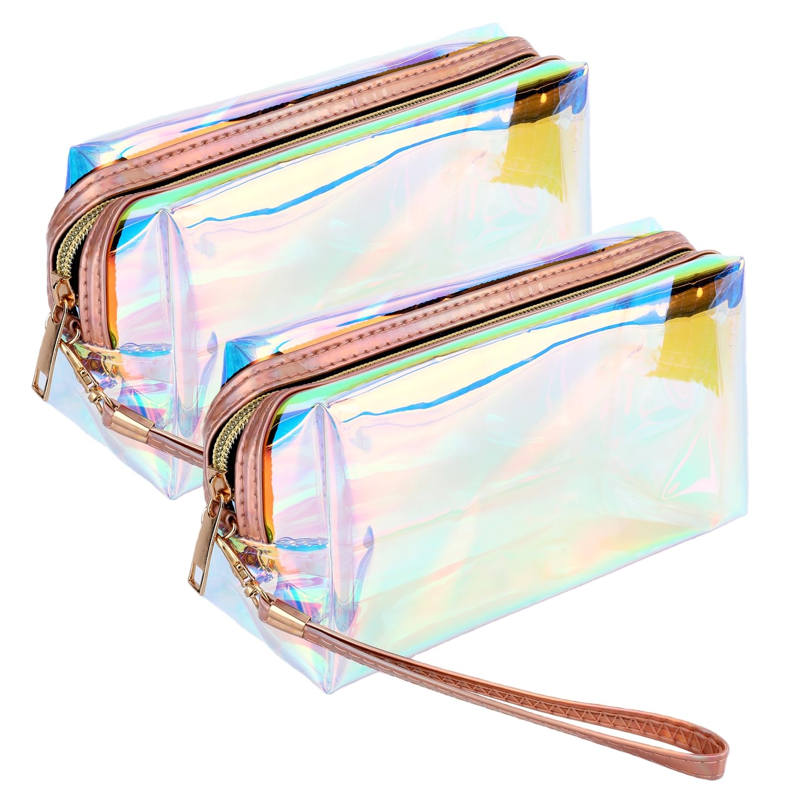 2 Pack Holographic Iridescent Makeup Bag, Clear Multi-colored transparent
