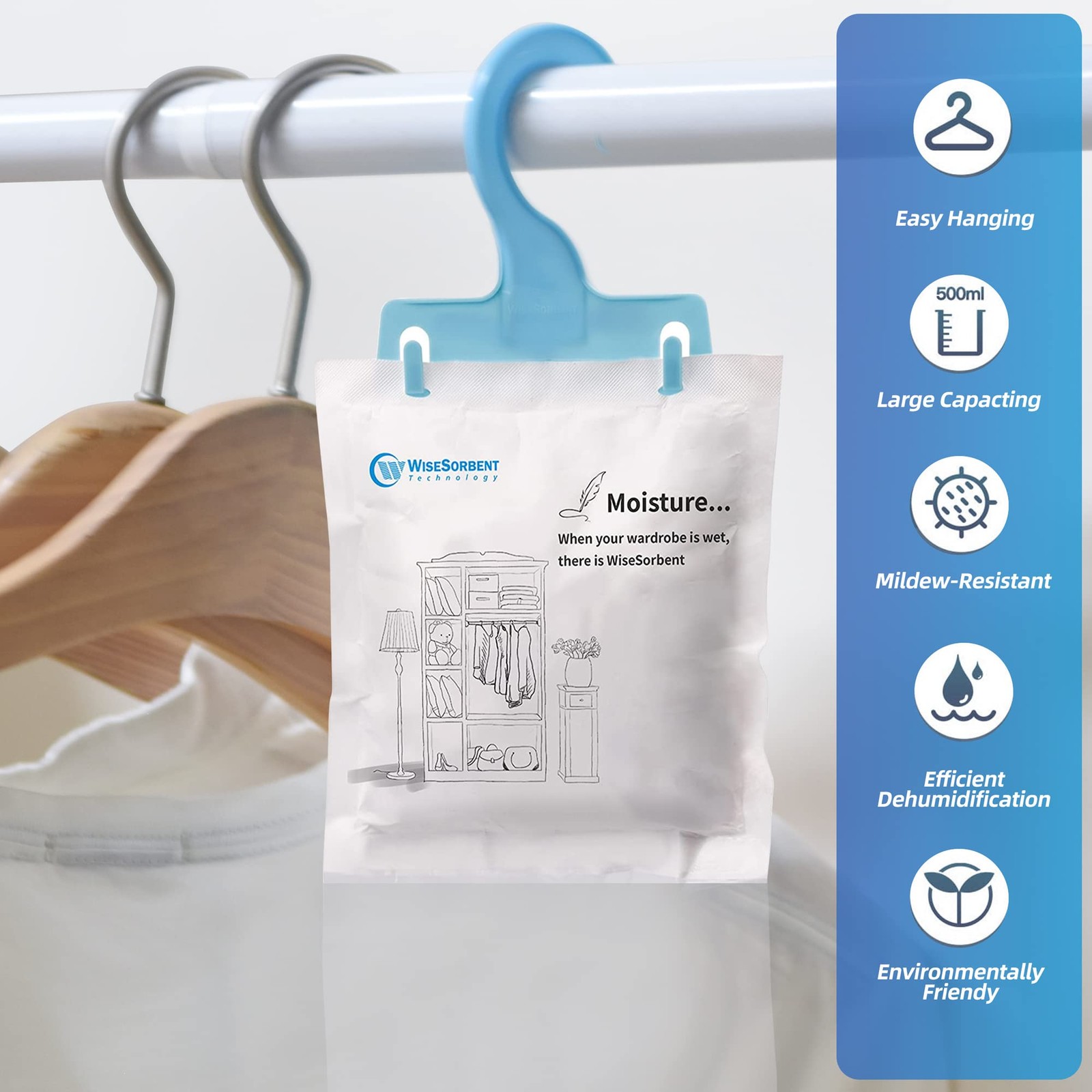 Wisesorb Moisture Absorber Packets with Plastic Case & 4 Piece Set, Blue