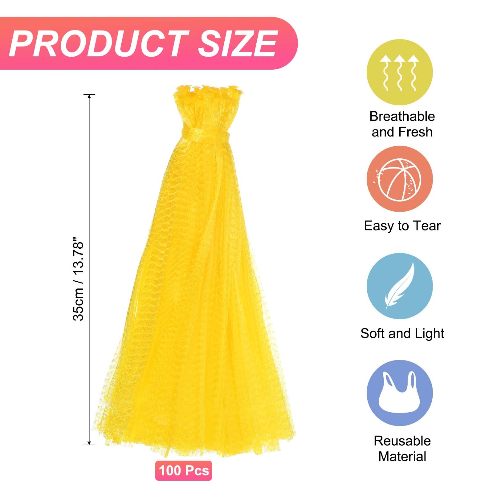 100Pcs Reusable Mesh Produce Bags, 13.8 Inches Hatching Bags, Yellow