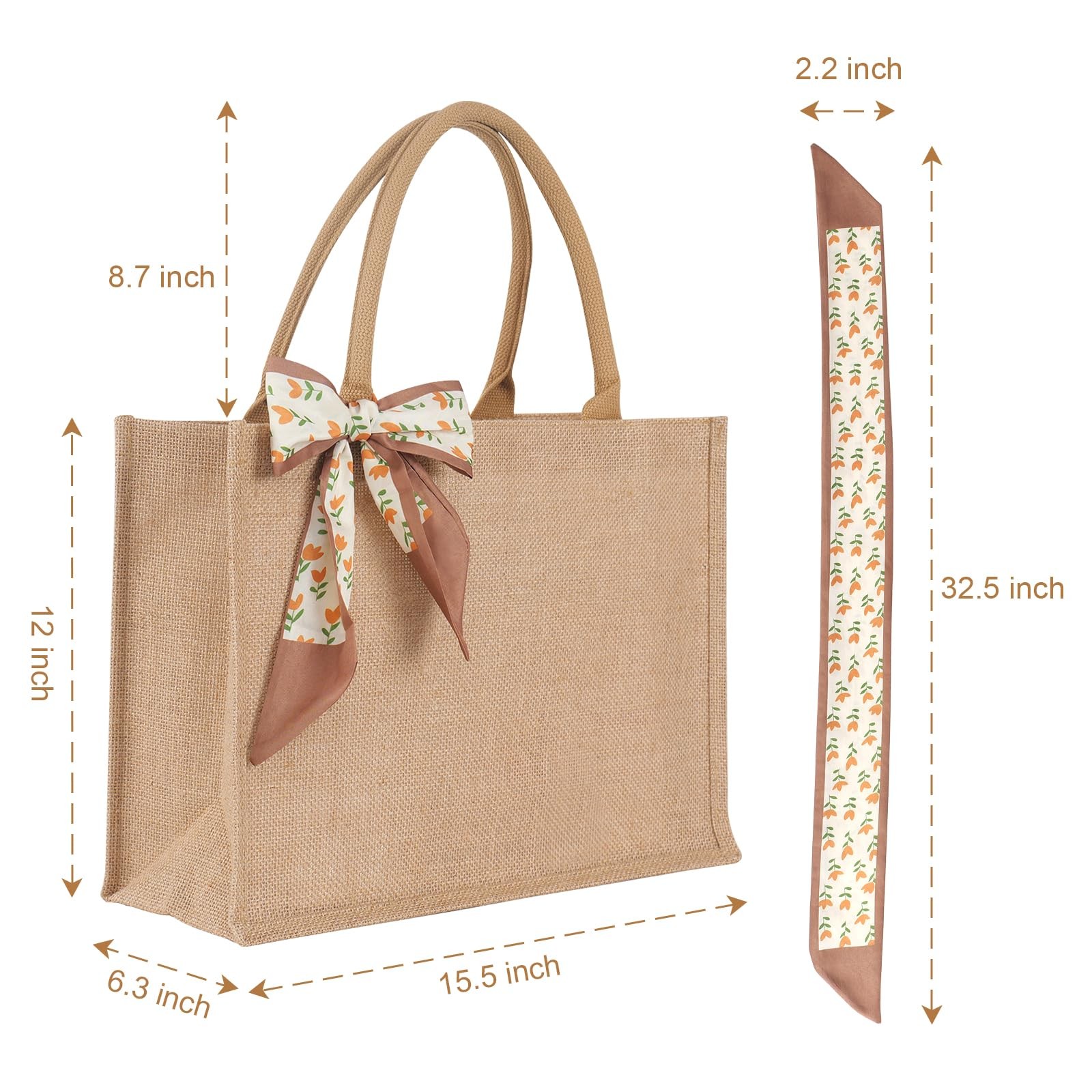 QUINTELLO Large Jute Tote Bag Set. Durable, waterproof and reusable. The ribb…