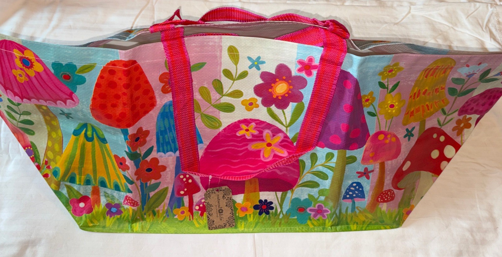 NATURAL LIFE Mushrooms Flowers Colors Boho XL Reusable Tote Bag Live Happy NWT