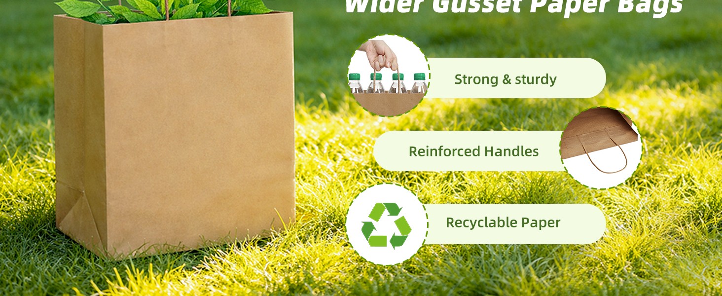 10×6.75×12 100Pcs Brown Paper Bags with Handles Bulk, Kraft Shopping Merchandise