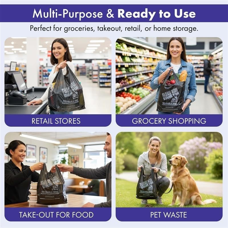 Heavy Duty Reusable Grocery Bags 12″x7″x22″ – 200 Count LDPE T-Shirt Bags, 25 lb