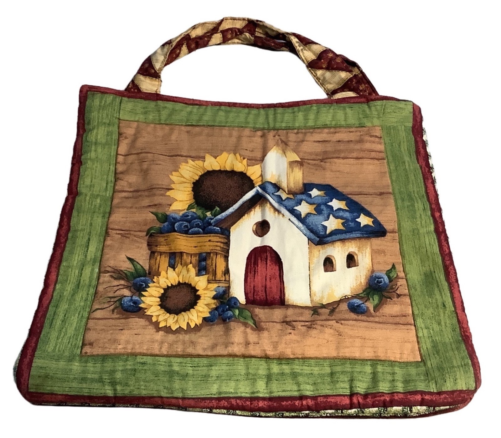 Sunflower Handmade Bag Shopping Crafting Reusable Birdhouse Blueberries 14”x 16”