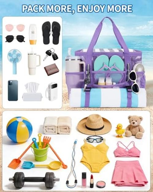 Mesh Beach Bag for Women, Family Pool Bags for Cruise () | Large Purple