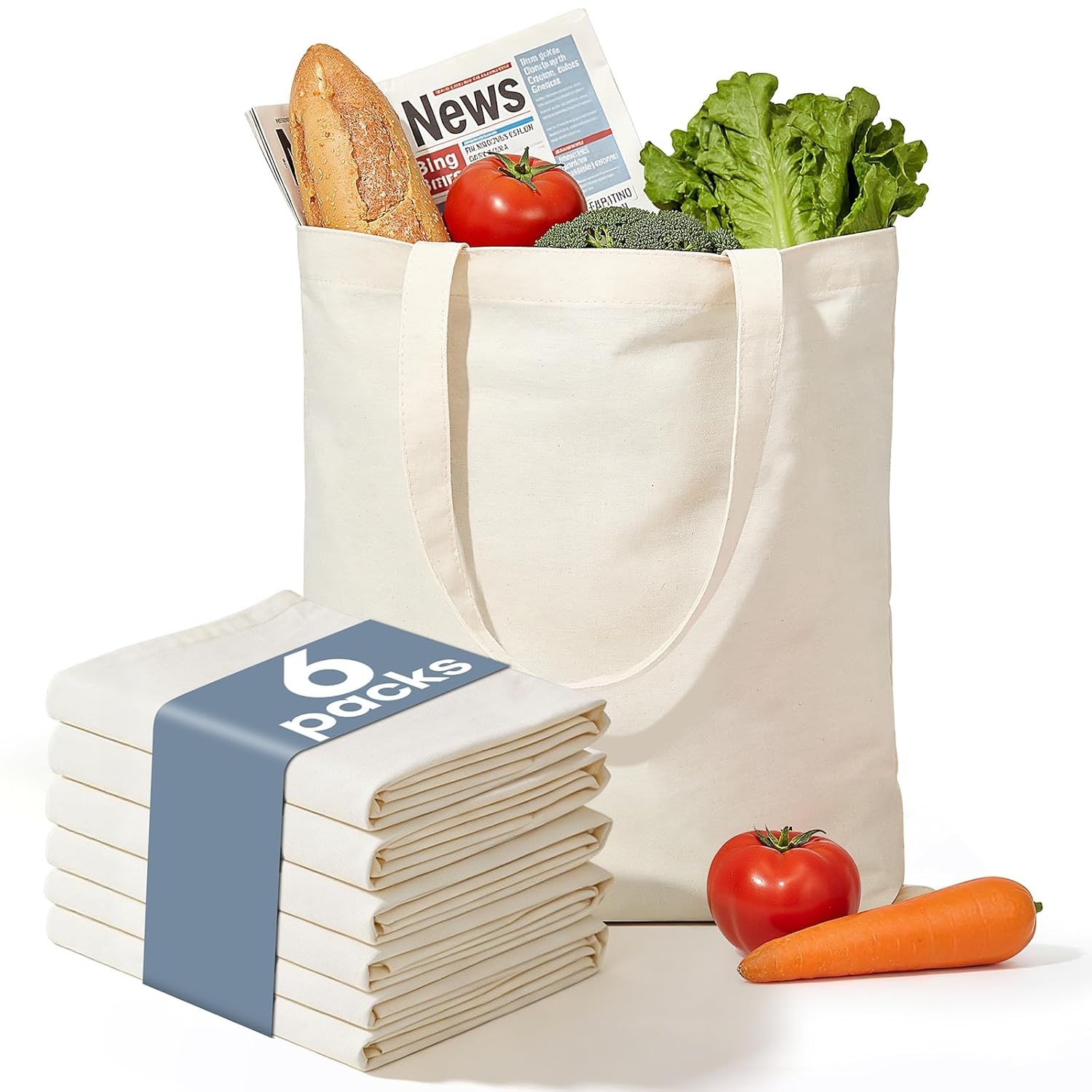 HOTOR 6 Pack Canvas Tote Bags Bulk Reusable Grocery Shopping Bags Lightweight
