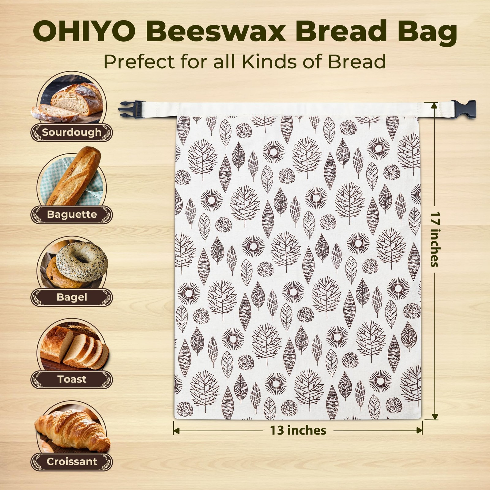 OHIYO Reusable Beeswax Bread Bags for 13 inches x 17 inches, Leaf Pattern