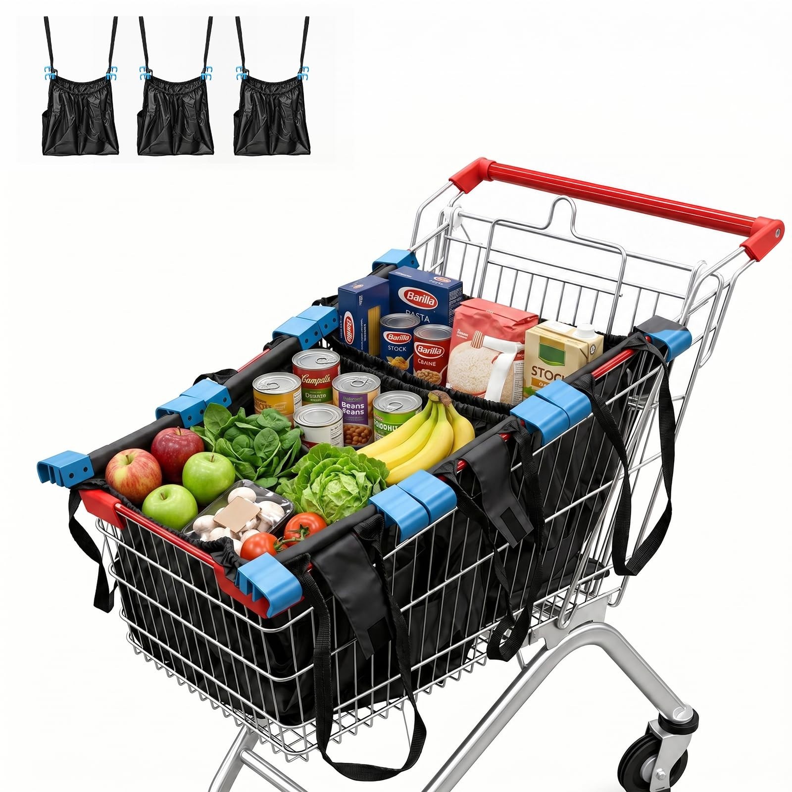 Reusable Universal Cart Bags 3-Pack, Eco-Friendly Grocery Organizers with Clips