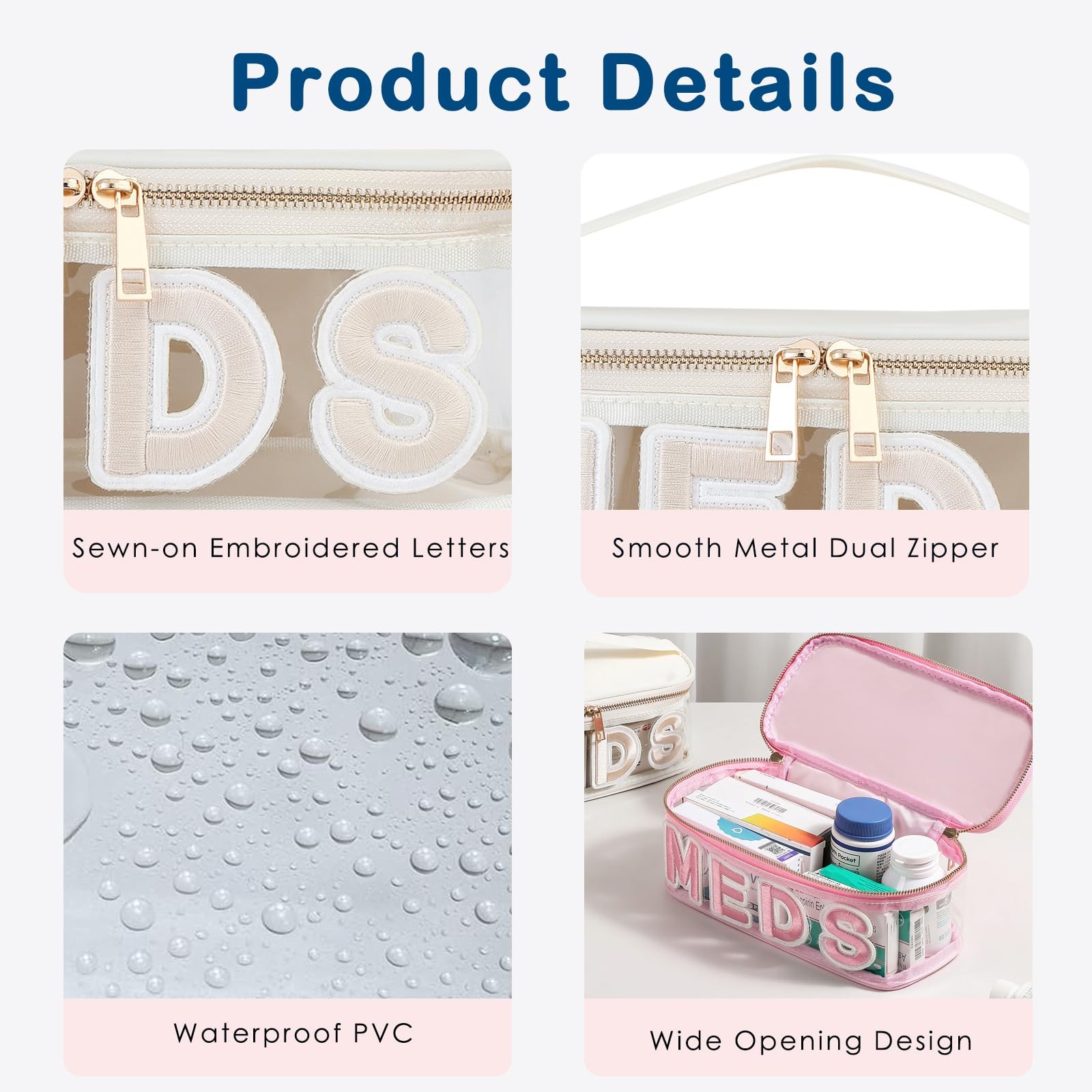 Lestikave Clear PVC Letter Patch MEDS RX Makeup Bag with Metal 01Beige