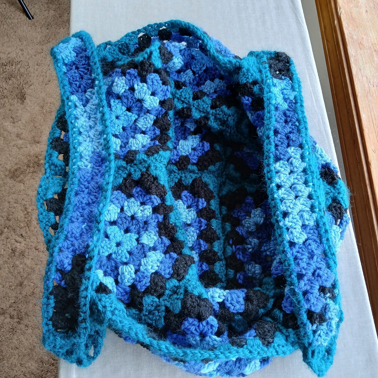 Granny Square Tote Bag Beach Bag reusable grocery sack blue teal black handmade