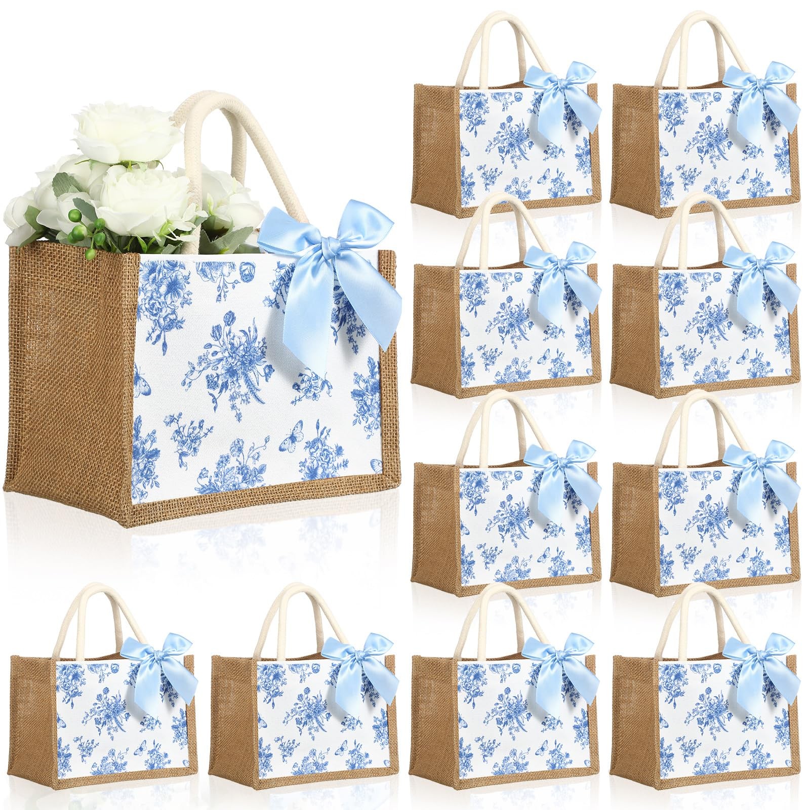 12 Pcs Floral Burlap Tote Bags with Handles Blue White Chinoiserie Jute Gift