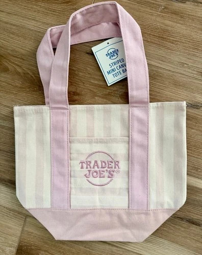 NEW Trader Joe’s Striped Mini Canvas Tote Bag Reusable Pink/White Stripe