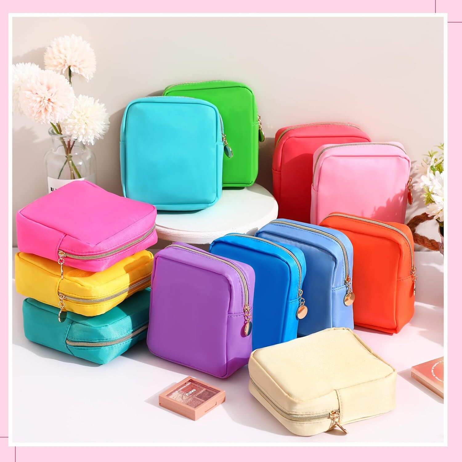 12 Pcs Mini Square Nylon Pouch Makeup Bag with Zipper Small Bright Color