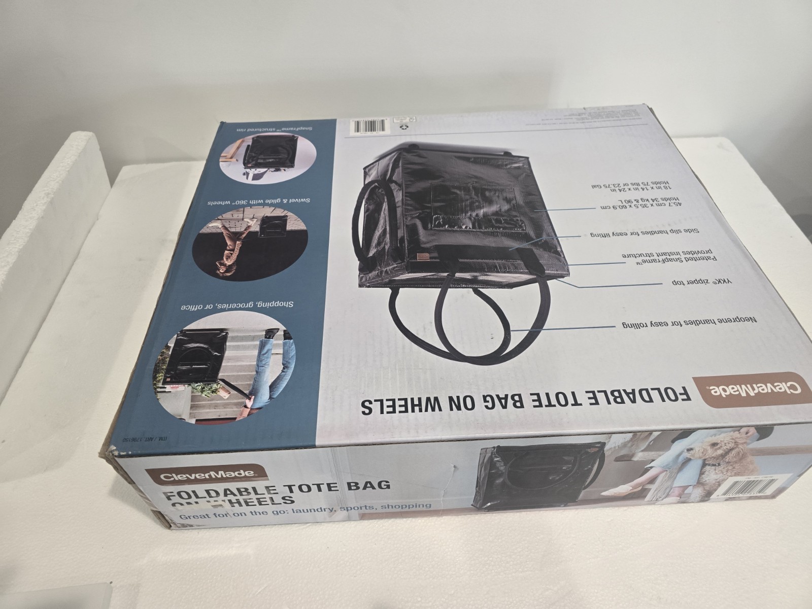 CleverMade Foldable Tote Bag on Wheels – Rolling Shopping/Laundry Cart – New