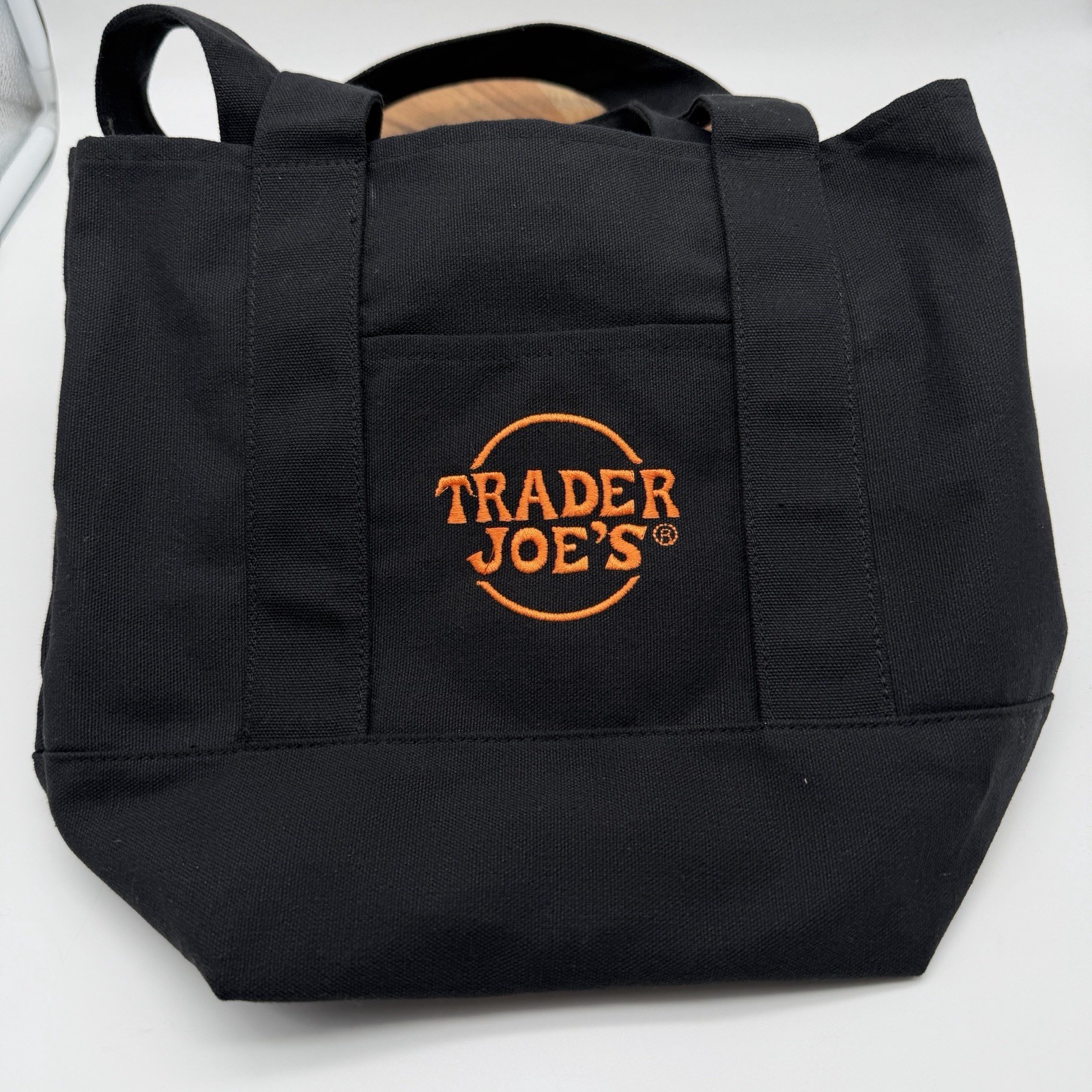 Trader Joe’s Black Canvas Tote Bag Orange Logo Reusable Grocery Carry