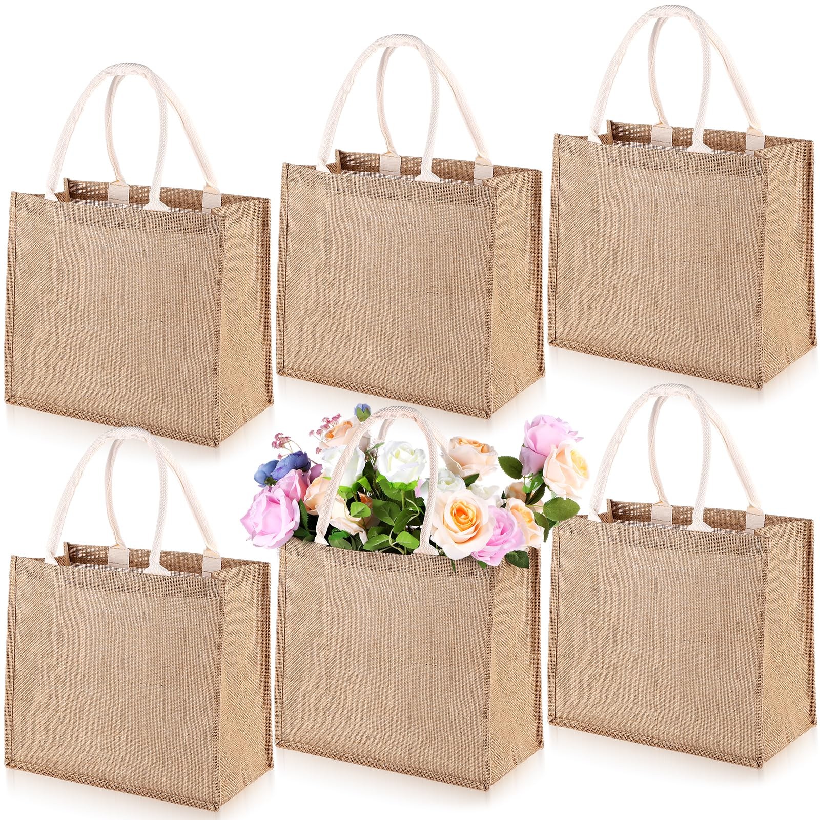 6 PCS Large Brown Jute Burlap Gift Tote Bags Laminated Interior Handle