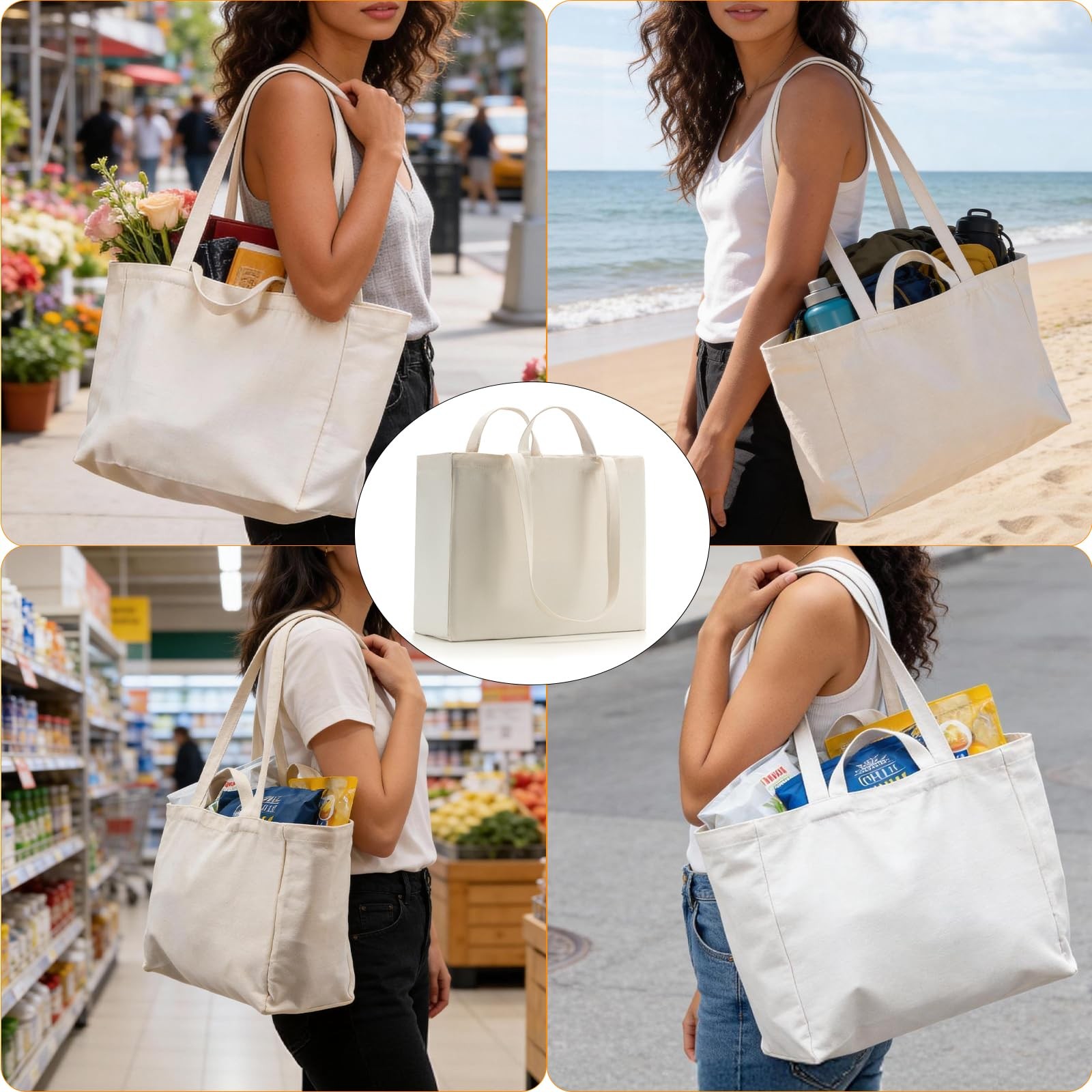 Canvas Grocery Bags Canvas Tote Bag with Long Shoulder Strap and Short Handle…
