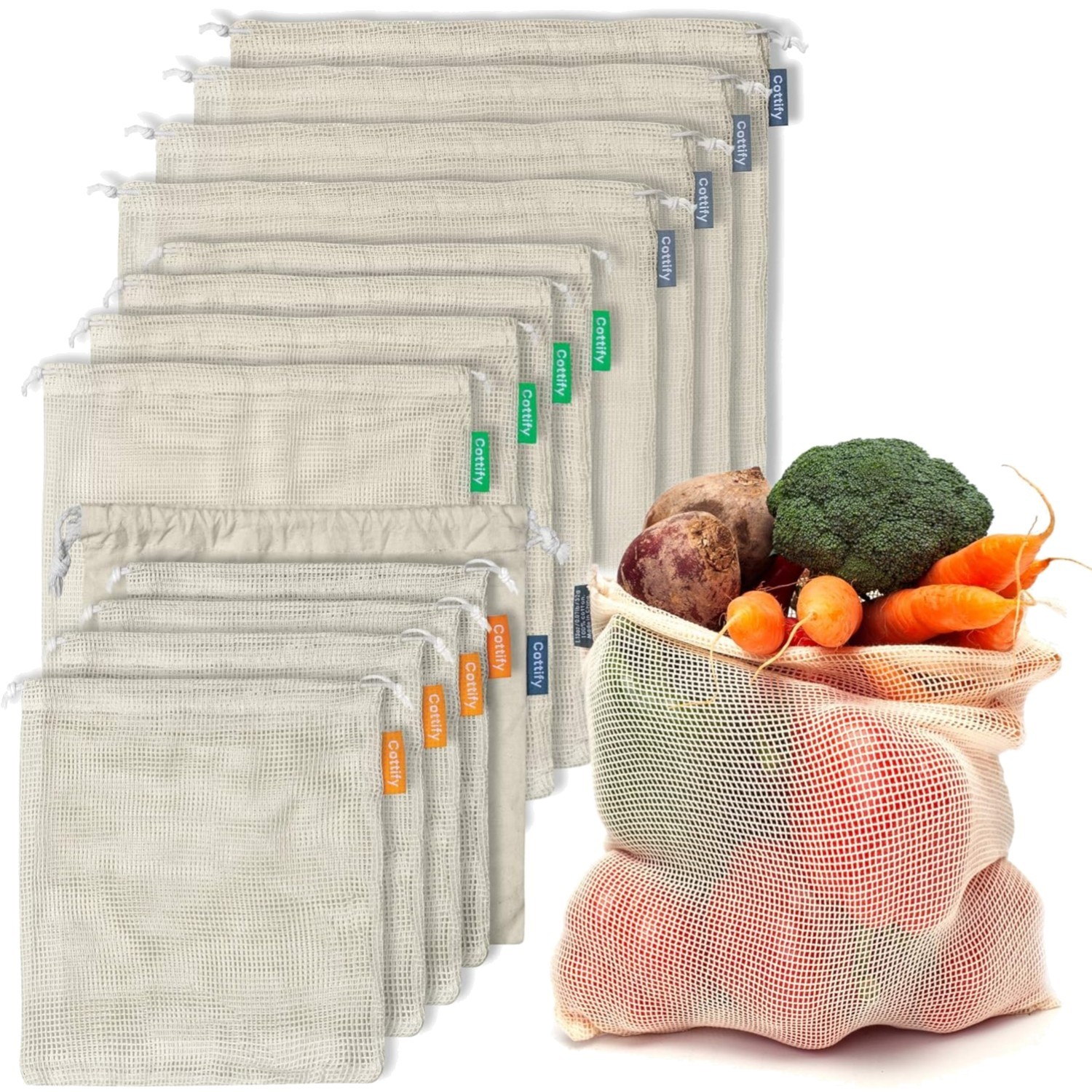 12+1 Reusable Produce Bags Grocery Washable, Organic Cotton Mesh Produce Bags…